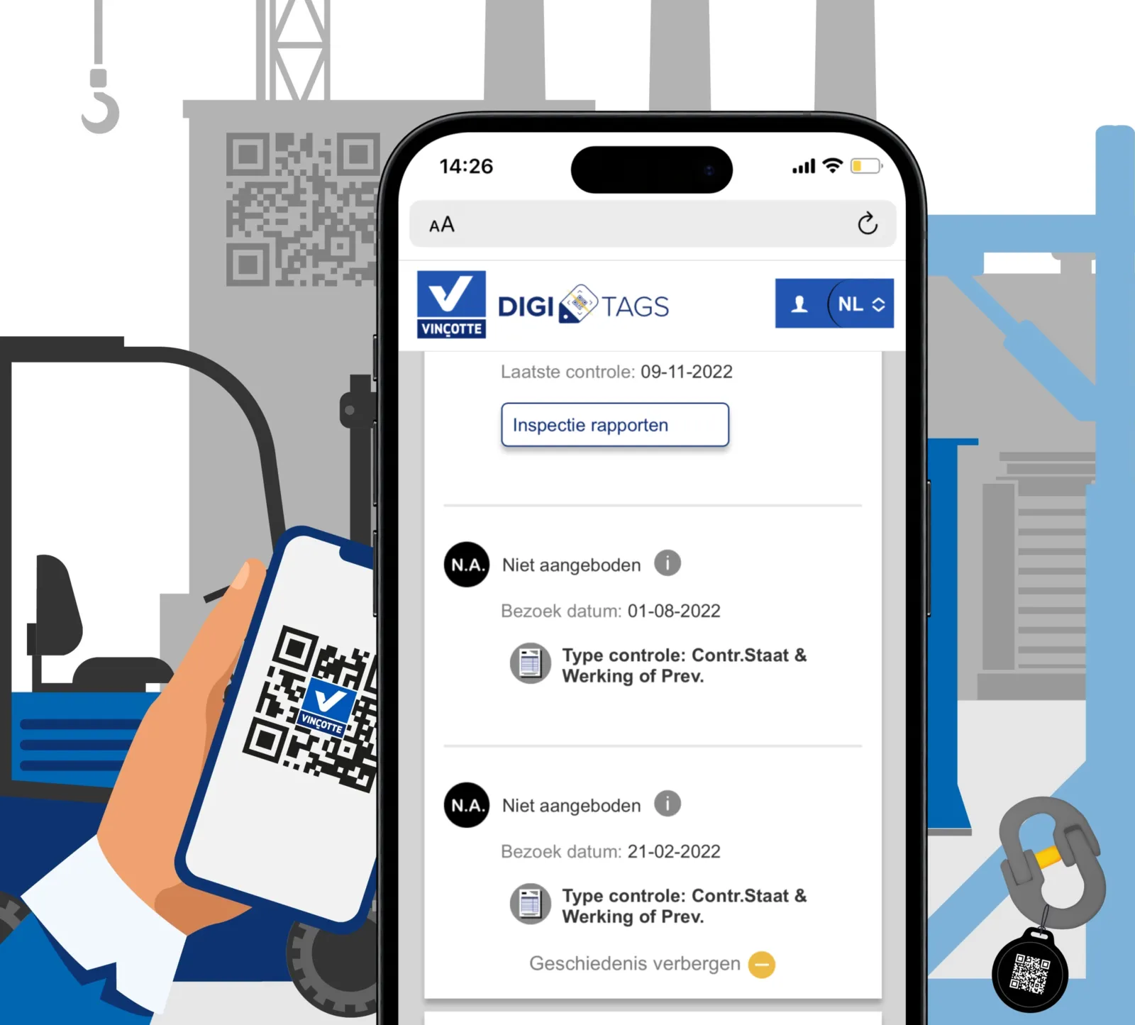 Illustration of a Digi-Tag being scanned on industrial equipment to show its inspection status