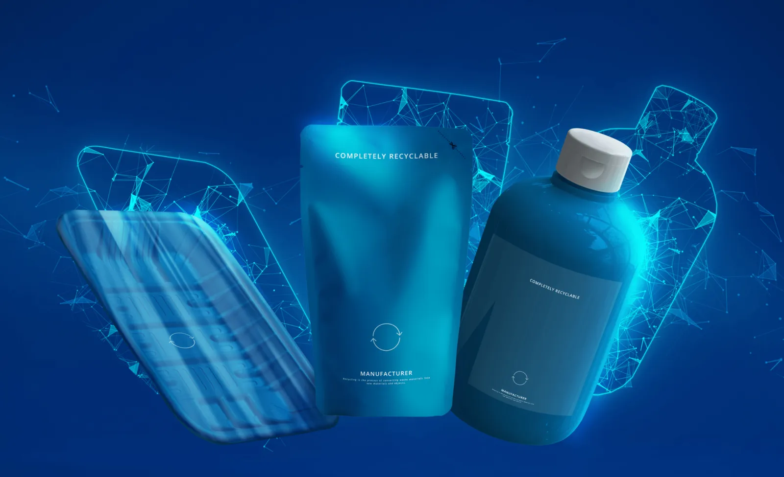 Plastic pouch and bottle with a digital overlay representing a packaging passport