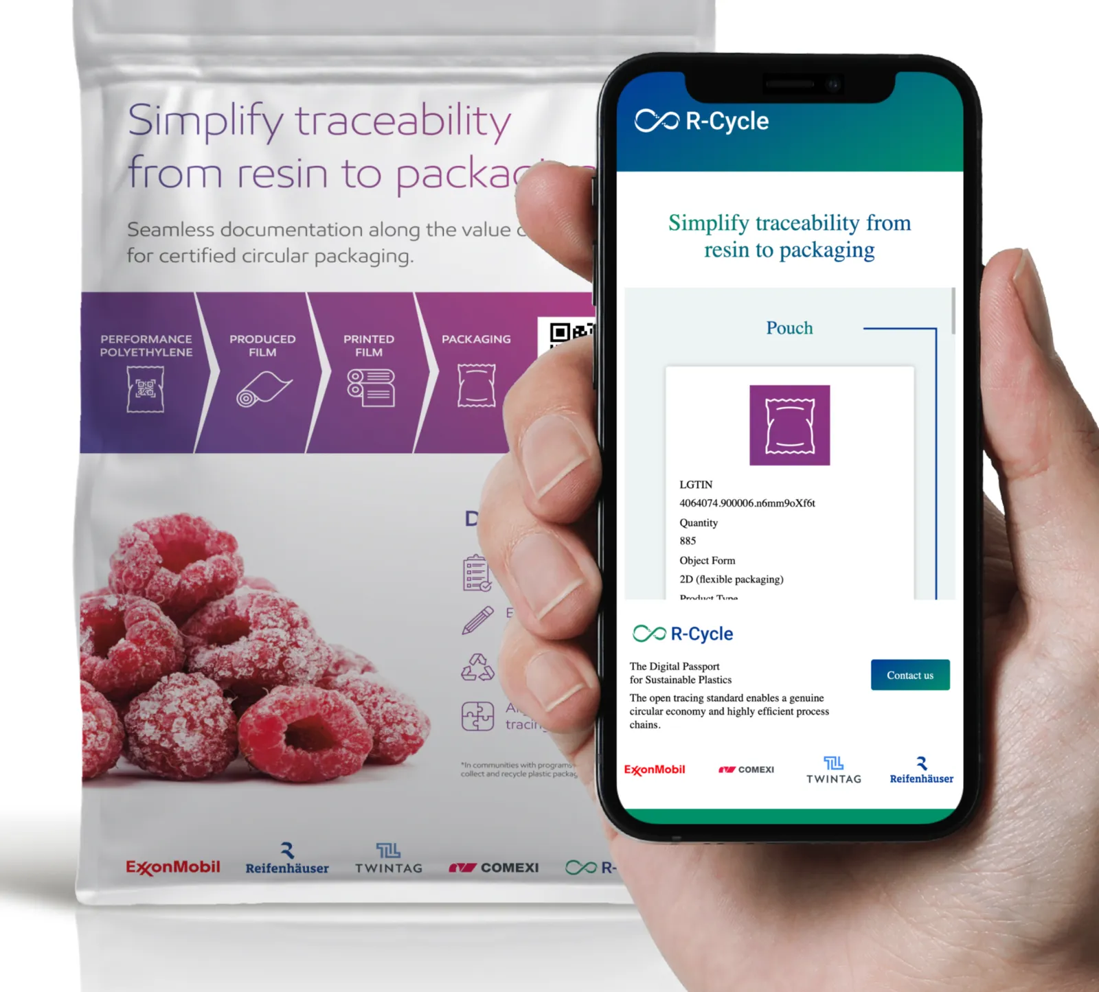 Phone showing R-Cycle traceability data in front of printed frozen fruit packaging