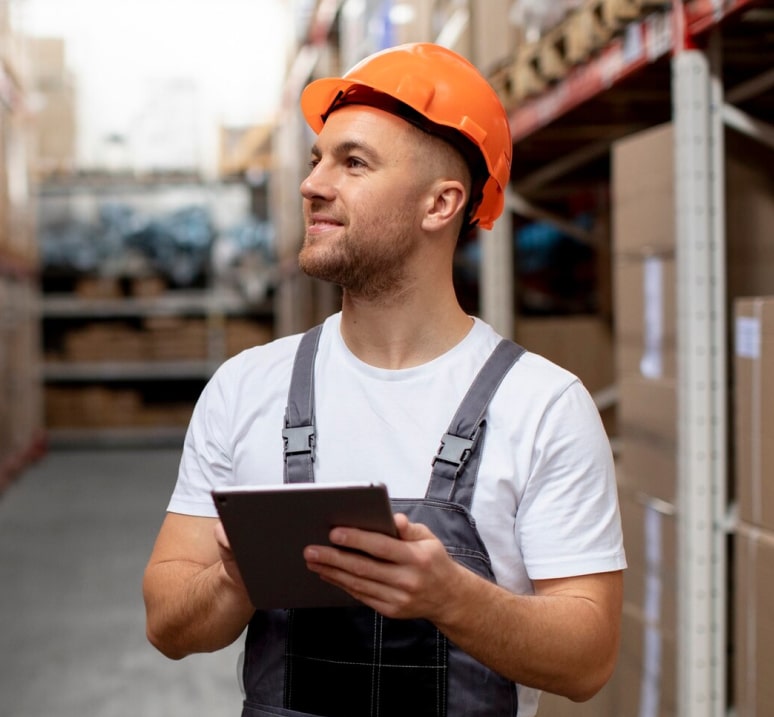 Warehouse operator managing equipment on a tablet