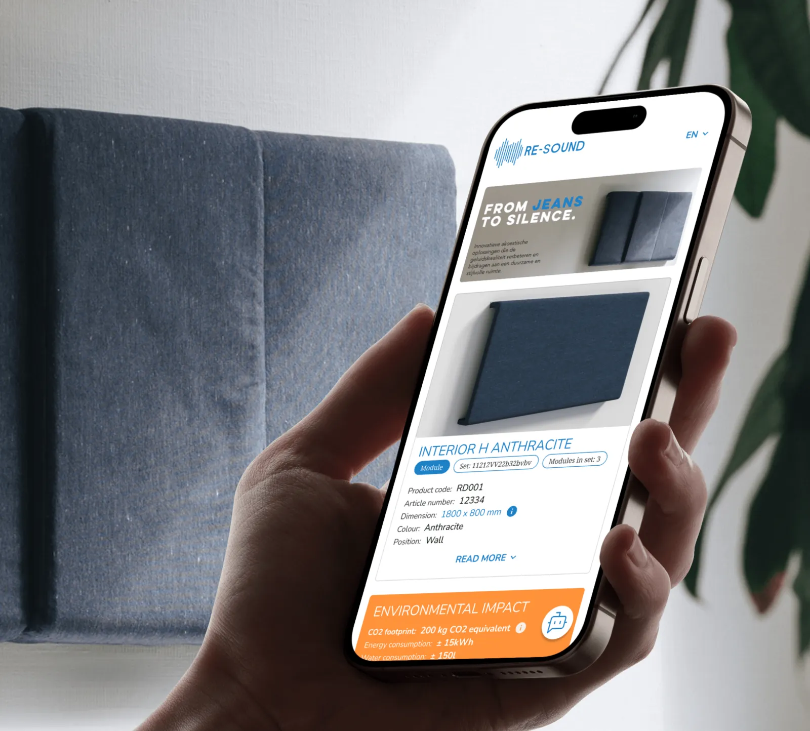 Phone showing the Re-sound panel's Digital Product Passport in front of the panel